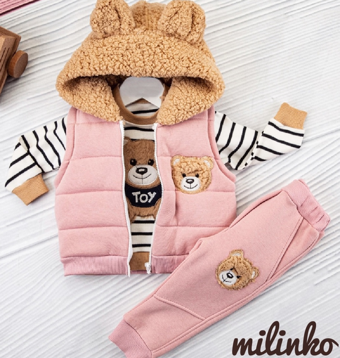 E-shop Hippil baby (oblečenie s MALOU VADOU)3dielny detský set - TEDDY, ružový veľkosť: 80 (9-12m)