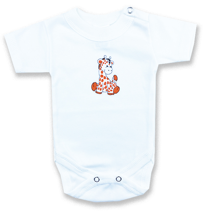 E-shop BABY´S WEAR Detské body, krátky rukáv- ŽIRAFA, biele veľkosť: 62 (2-4m)