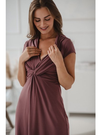 Těhotenské a kojící šaty s uvazováním Loop rose brown krátký rukáv (Velikost L)