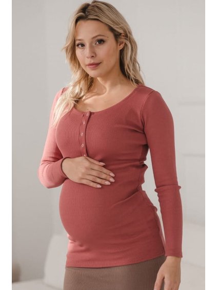 Těhotenské a kojící tričko z žebrovaného úpletu Tummy dusty cedar (Velikost L)