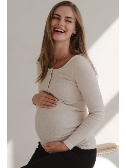 Těhotenské a kojící tričko z žebrovaného úpletu Tummy latte melange (Velikost L)
