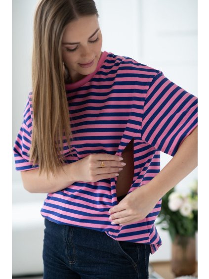 Oversize těhotenské a kojící tričko Mamahood s modro růžovými proužky (Rozměr L)