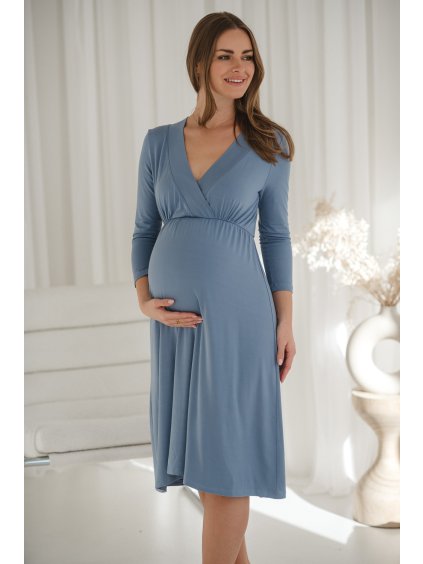 Bambusová těhotenská a kojicí noční košilka Star Light - světle modrá, 7/8 rukáv