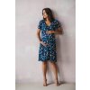 Těhotenské a kojící šaty Two ways MIDI tmavě modré s barevnými listy krátký rukáv (Velikost L)