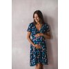 Těhotenské a kojící šaty Two ways MIDI tmavě modré s barevnými listy krátký rukáv (Velikost L)