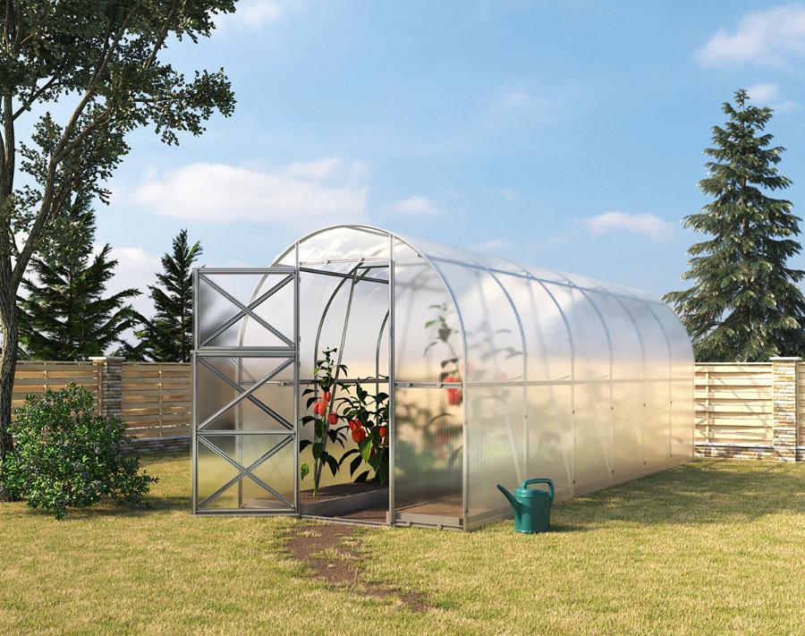 Zahradní skleník z polykarbonátu POLIGARD TUNNEL + 5x tyče na rajčata + Větrací okno + Sázecí kolík + Polička Rozměry skleníku: 2x2 m (4mm)