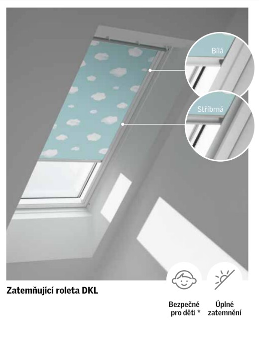 Zatemňující roleta VELUX DKL Kolekce pro dobrou noc - nová generace Barva rolety: Noční obloha (4665), Barva vodicí lišty: Bílý lakovaný hliník (SWL),…