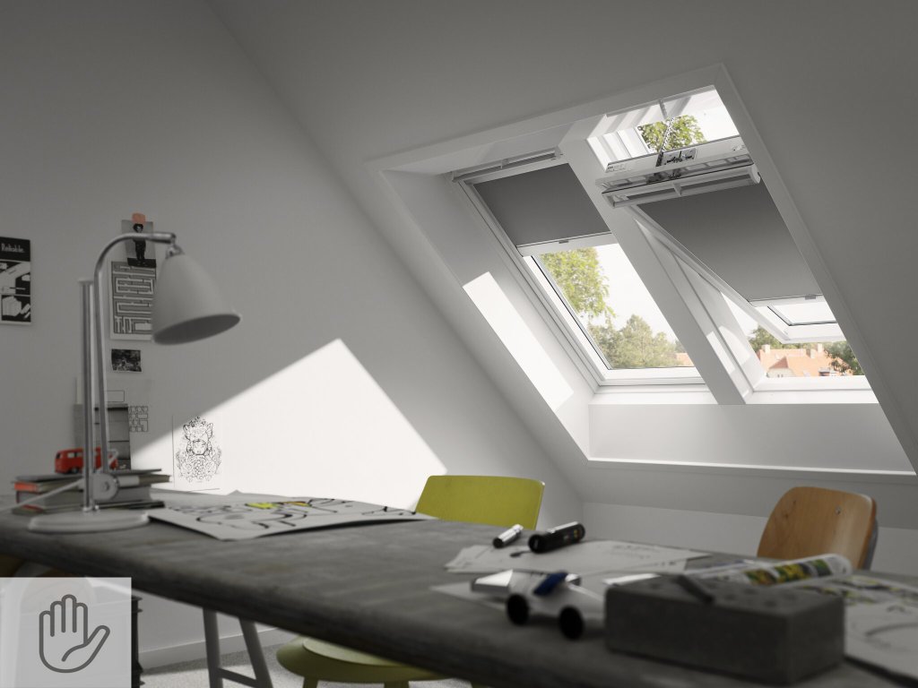 VELUX DOP Barva rolety: šedá (0705), Barva vodicí lišty: Bílý lakovaný hliník (SWL), Označení okna (ze štítku na okně): MK08 78x140 cm