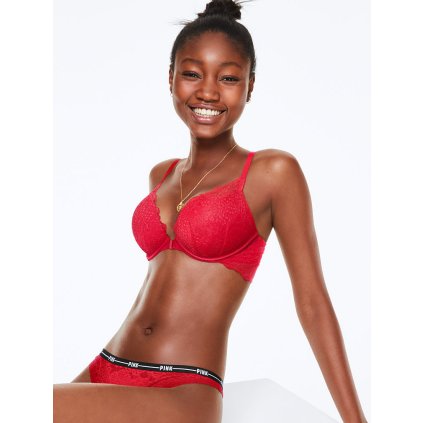 Victoria's Secret PINK červená krajková tanga s nápisem PINK na gumě