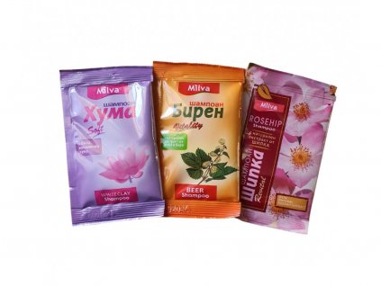 Milva - šampón huma 12ml + šampón pivné droždie 12ml + šampón šípka 8 ml