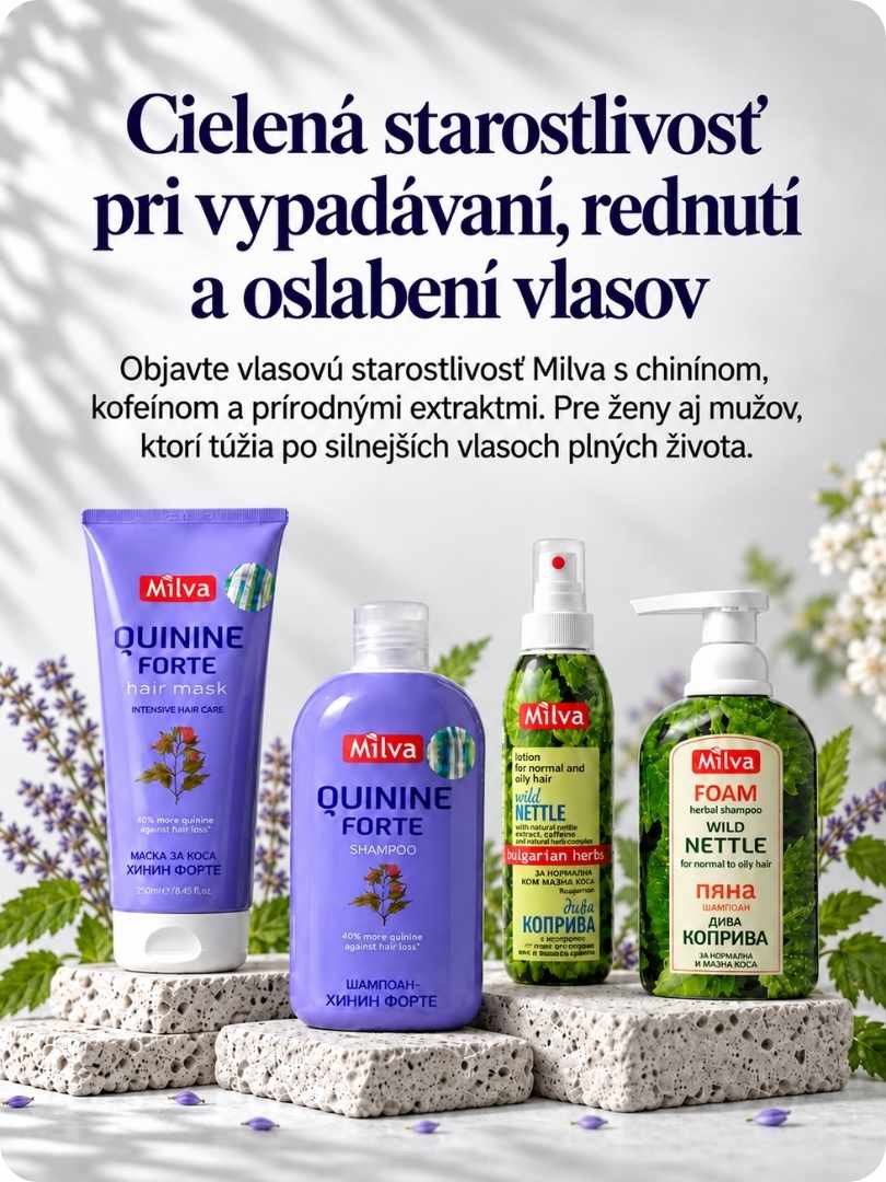 Milva vlasová starostlivosť proti vypadávaniu a rednutiu vlasov – chinín a žihľava