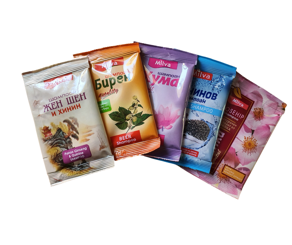 Milva - šampón chinín 12ml + šampón ženšen a chinín 12ml + šampón huma 12ml + šampón pivné droždie 12ml + šampón šípka 8 ml