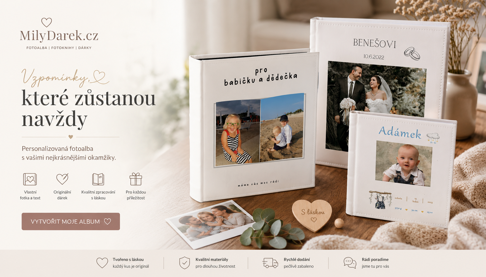 Elegantní banner personalizovaných fotoalb a fotoknih s vlastními fotografiemi a texty pro uchování vzpomínek na celý život.