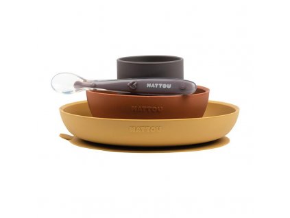 NATTOU Set jedálenský silikonový 4 ks hnedo-terakotový bez BPA