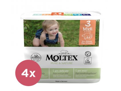 MOLTEX 4x  Pure & Nature Plienky jednorazové 3 Midi (4-9 kg) 33 ks - ECONOMY PACK