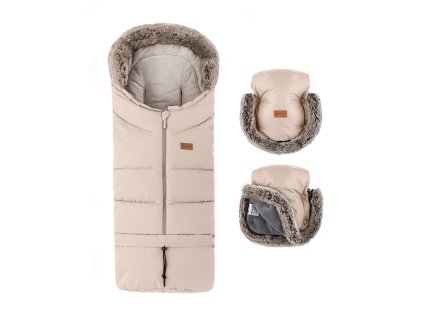 PETITEMARS  Set zimný fusak Arctic 4v1 + rukavice na kočík Furry (varianta Veritable Khaki)