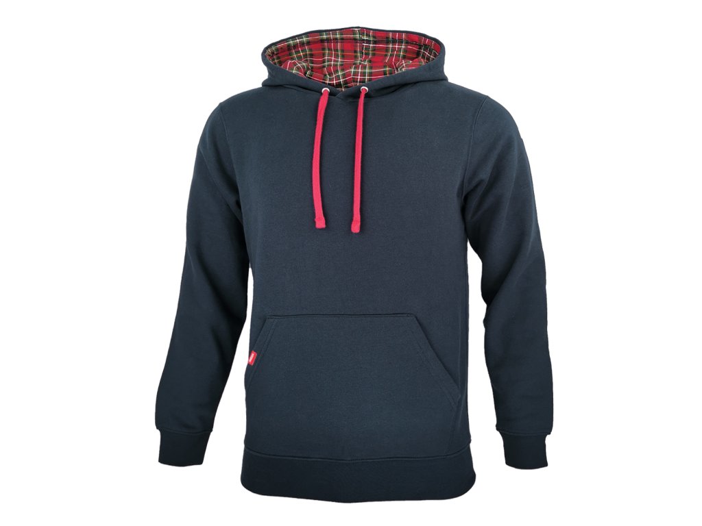 Dressa Vintage nagyméretű pamut kapucnis pulóver - kockás kapucnival - sötétkék (Méret 3XL, Szín Navy/Red Tartan #12293b)