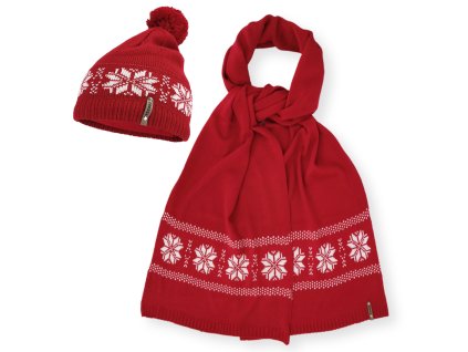 Dressa Winter norvég mintás téli kötött sapka sál szett - piros (Méret Egy méretes, Szín Cherry Red)