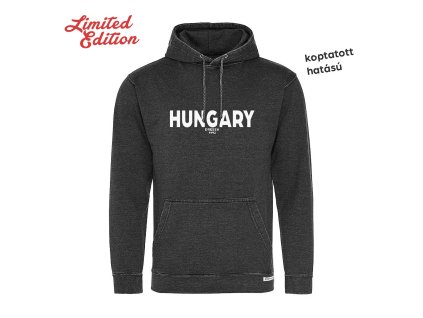 Dressa Hungary feliratos kenguruzsebes kapucnis pulóver - Limited Edition - fekete (Méret 3XL, Szín Washed Jet Black #373739)
