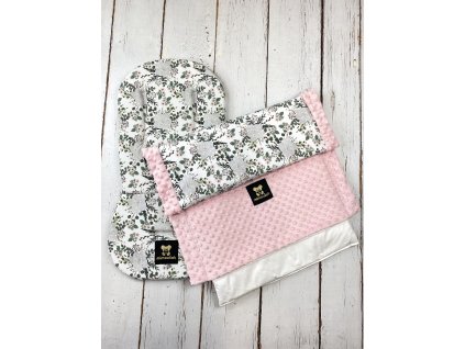 Set podložky a deky do kočárku Mimoušek bílé květy + pink minky