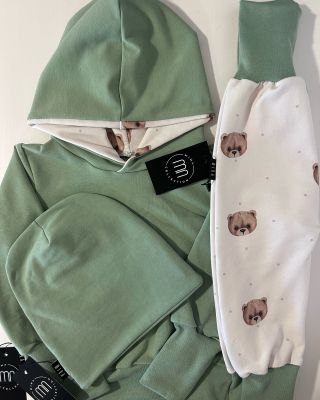 Rostoucí tepláková souprava Oliva+Medvídek 🫒🧸 Mikina s kapucí, tepláky, dvouvrstvá čepice 🌈