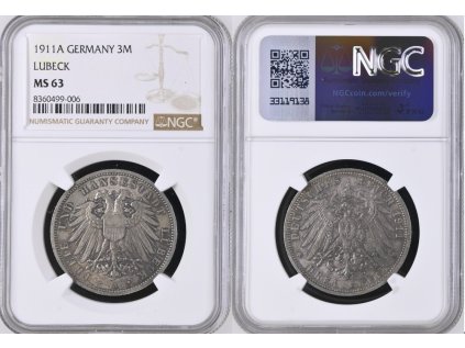 3 MARKA 1911 A LÜBECK NGC MS 63