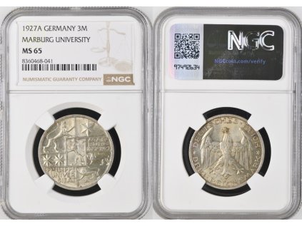 3 MARKA 1927 A VÝMARSKÁ REPUBLKA MARBURG UNIVERSITY NGC MS 65