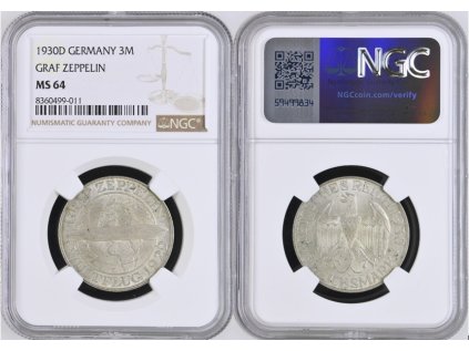 3 MARKA 1930 D VÝMARSKÁ REPUBLKA  GRAF ZEPPELIN NGC MS 64