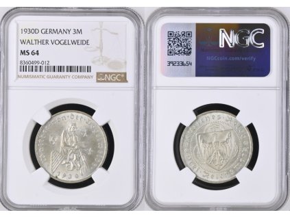 3 MARKA 1930 D VÝMARSKÁ REPUBLKA  WALTHER VOGELWEIDE NGC MS 64