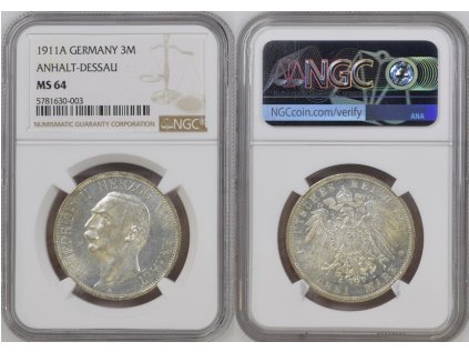 3 MARKA 1911 A ANHALT-DESSAU NGC MS 64