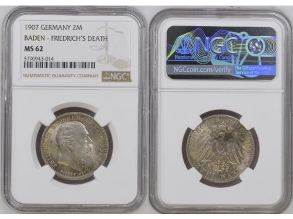 2 MARKA 1907 BADEN FRIDRICH DEATH NGC MS 62