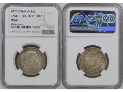 2 MARKA 1907 BADEN FRIDRICH DEATH NGC MS 64