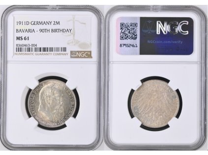 2 MARKA 1911 D BAVORSKO 90 ANNIV NGC MS  61