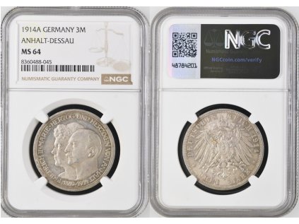 3 MARKA 1914 A ANHALT-DESSAU NGC MS 64