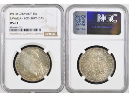 3 MARKA 1911 D BAVORSKO 90 ANNIV NGC MS 63