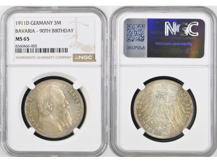 3 MARKA 1911 D BAVORSKO 90 ANNIV NGC MS 65