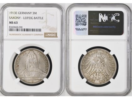 3 MARKA 1913 E SASKO LEIPZIG BATTLE NGC MS 63