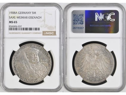 5 MARKA 1908 A SASKO-VÝMAR-EISENACH SAXE WEIMAR EISENACH NGC MS 65