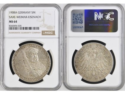 5 MARKA 1908 A SASKO-VÝMAR-EISENACH SAXE WEIMAR NGC MS 64