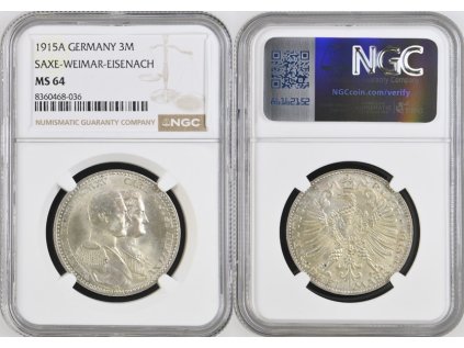 3 MARKA 1915 A SASKO-VÝMAR-EISENACH NGC MS 64
