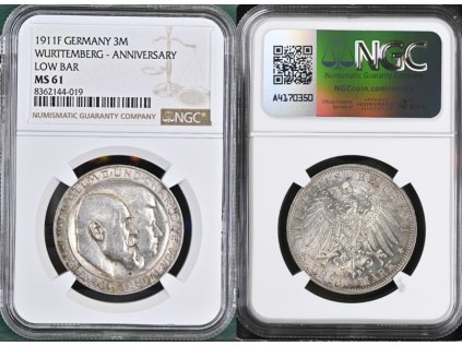 3 MARKA 1911 F WÜRTTEMBERG ANNIV NGC MS 61
