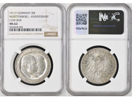 3 MARKA 1911 F WÜRTTEMBERG ANNIV NGC MS 62