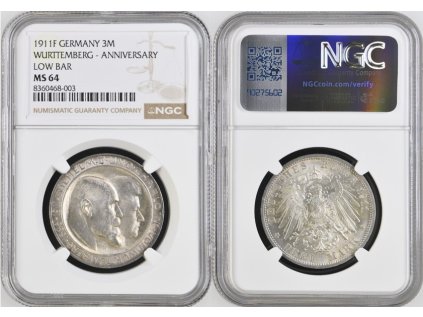 3 MARKA 1911 F WÜRTTEMBERG ANNIV NGC MS 64