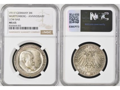 3 MARKA 1911 F WÜRTTEMBERG ANNIV NGC MS 65