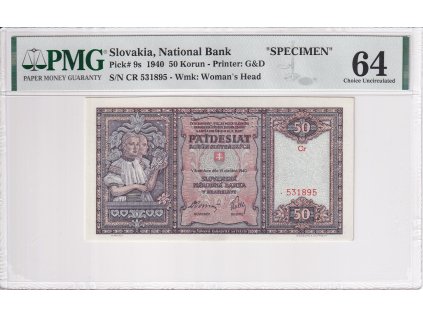 50 Ks 1940 SPECIMEN v horní části bankovky A