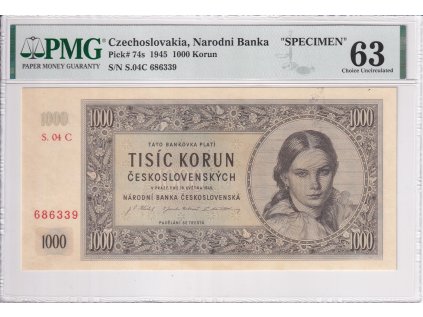 Bankovka 1000 Kcs 1945 A specimen PMG 63