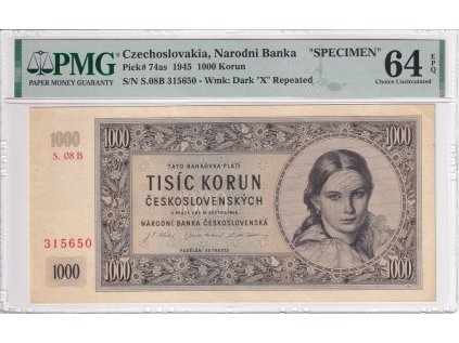 Bankovka 1000 Kcs 1945 A specimen PMG 64