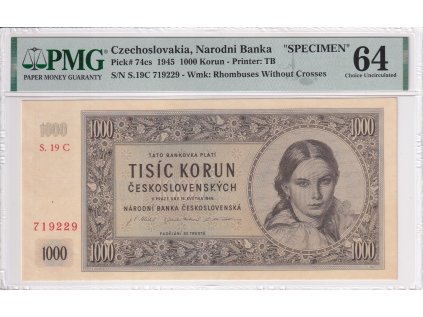 Bankovka 1000 Kcs 1945 A specimen PMG 64