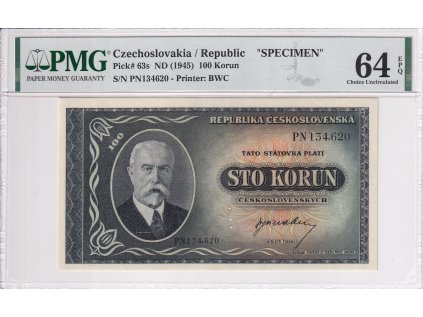 Bankovka 100 Kcs 1945 A PMG 64 EPQ TGM