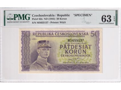 Bankovka 50 Kcs 1945 A PMG 63 SPECIMEN 0001